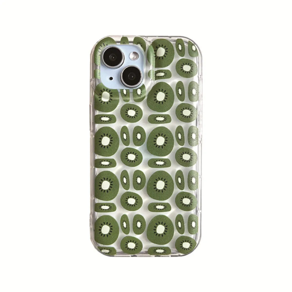 Transparent sliced kiwi fruit pattern TPU phone case for iPhone, showing kiwi green design on clear back
