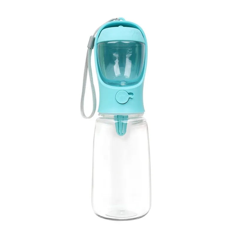 Portable dual-use dog water bottle with split grain cup design in blue, pink, or white colours