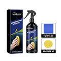 Multifunctional car interior retreading agent in PE bottle with yellow sponge and white towel on grey surface