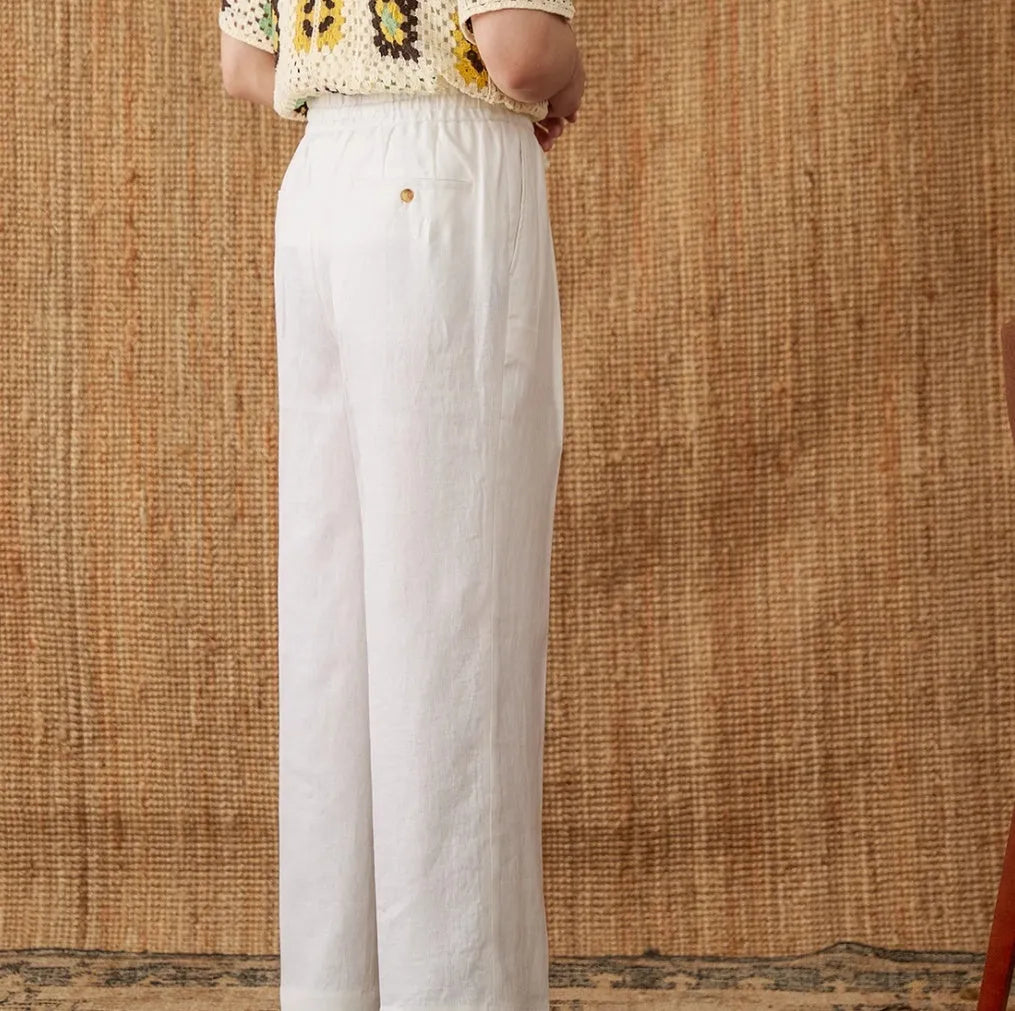 Linen straight-leg trousers with elasticated high waist in navy blue colour