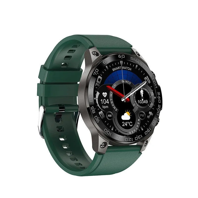 Round Bluetooth sports watch with AMOLED always-on display and silicone strap on a wrist.