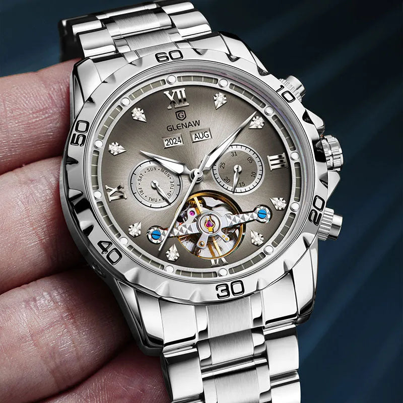 Men's automatic mechanical watch with metal case, stainless steel strap, and mineral glass face in business style