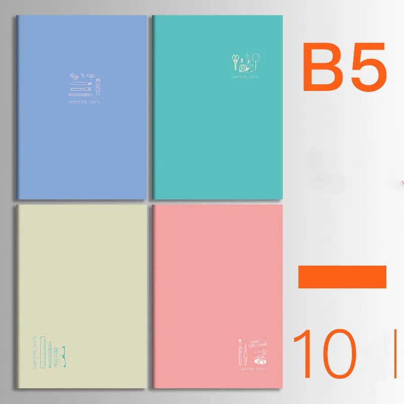 Pack of 10 A5 and B5 soft cover kraft paper notebooks with various designs, showing thread binding.