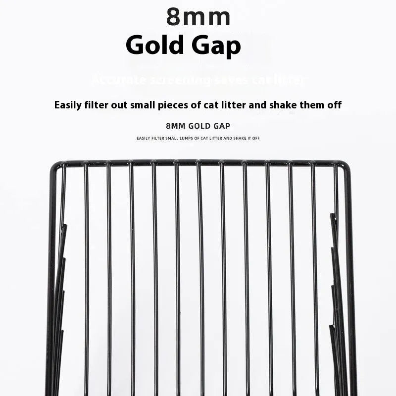 Black zinc alloy cat litter scoop with long handle and 0.8cm sifting gaps.
