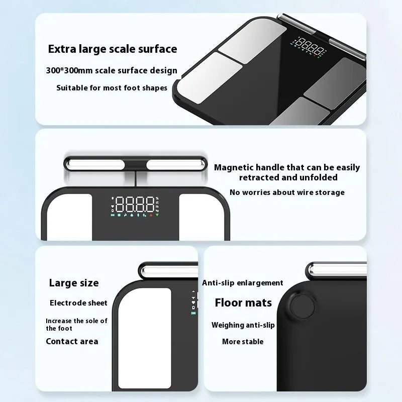 Black electronic weighing scale with tempered glass platform showing body fat and moisture measurements on colour screen