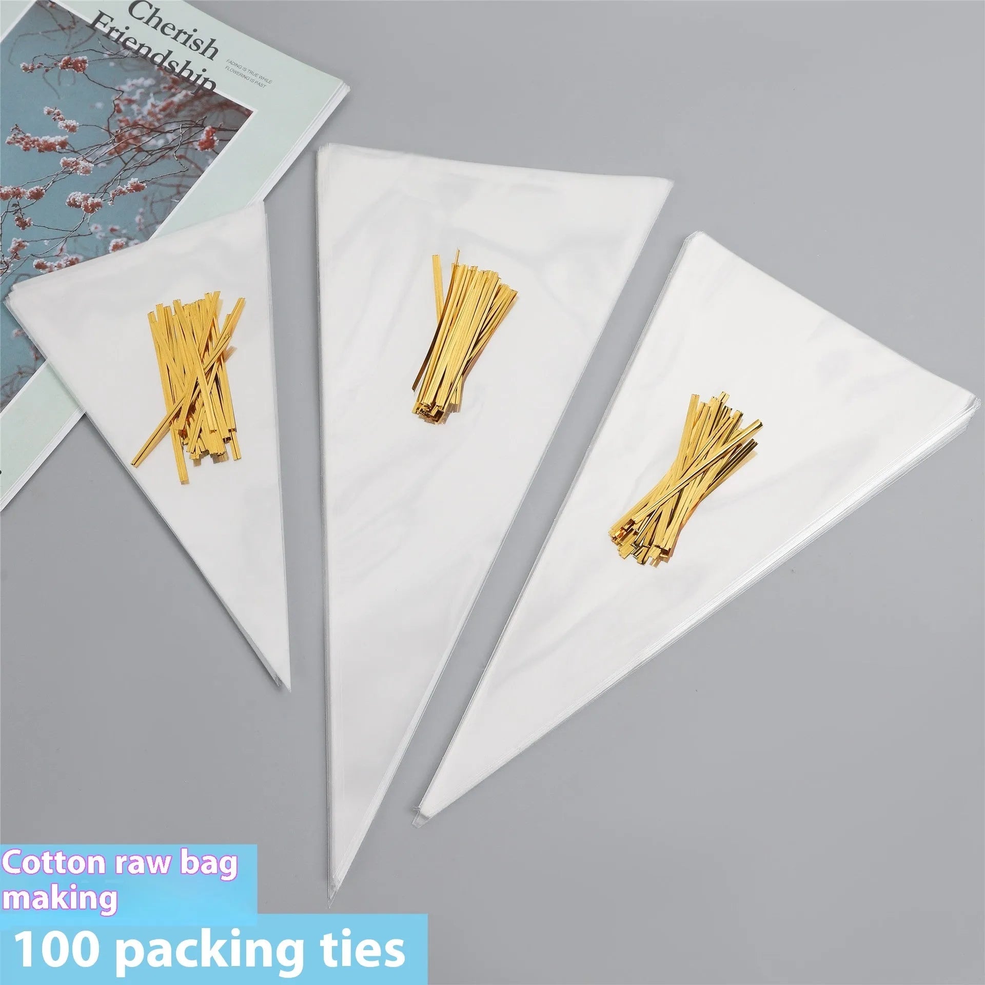 Triangle clear plastic packaging bags with metal wire ties in three different sizes
