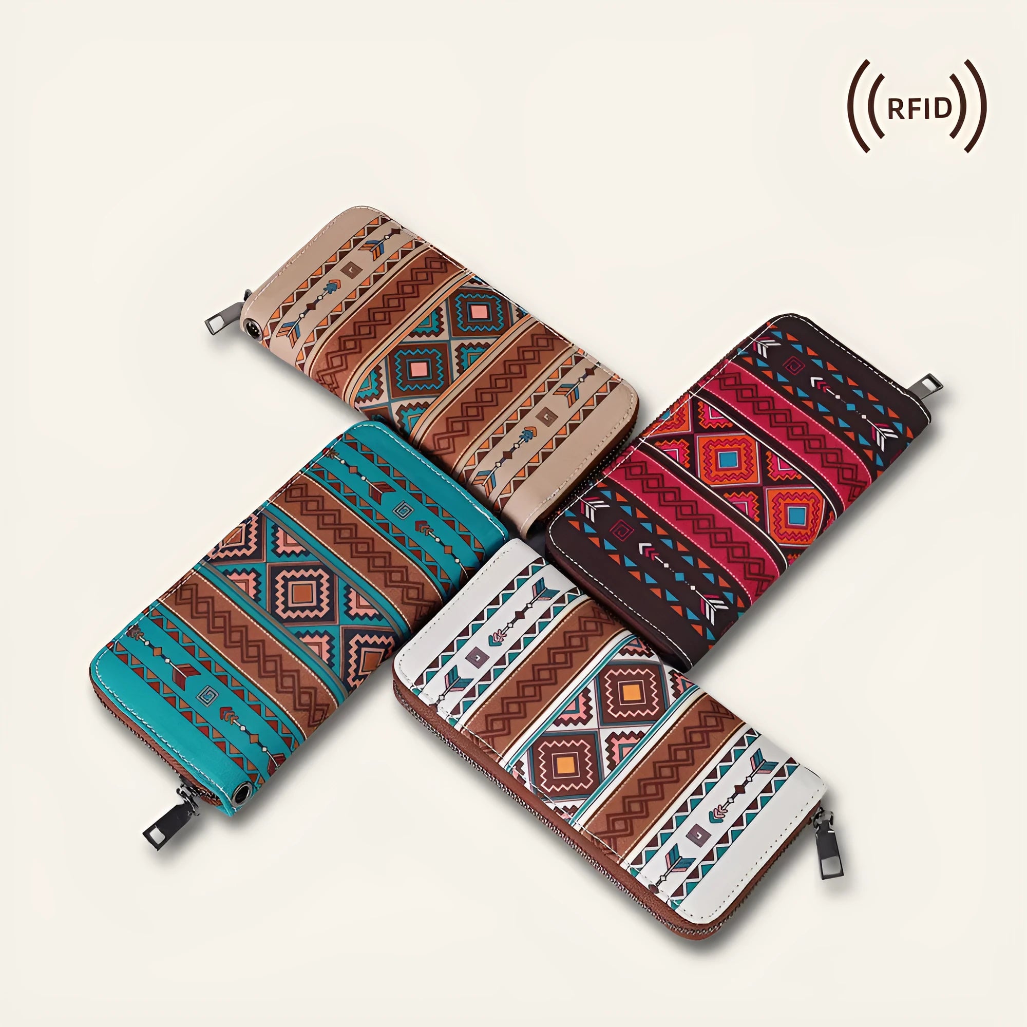 Bohemian stripe pattern RFID wallet in multiple colours showing 20x10x2cm dimensions