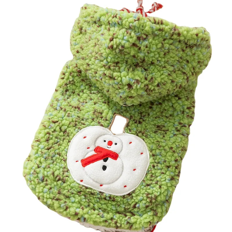 Green snowman embroidered sherpa pet hoodie for small to medium dogs