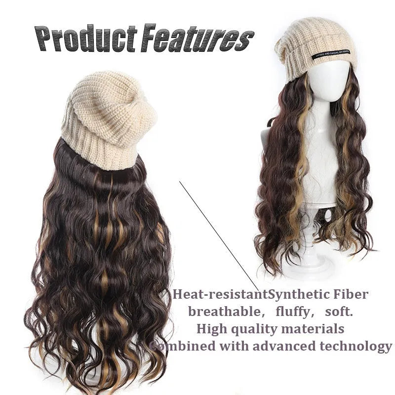 Hat wig with knitted hat and long curly high temperature fibre synthetic hair for ladies
