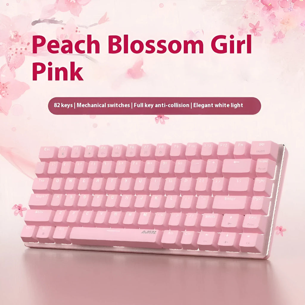 White backlit 82-key metal mechanical gaming keyboard with pink switches for laptops.