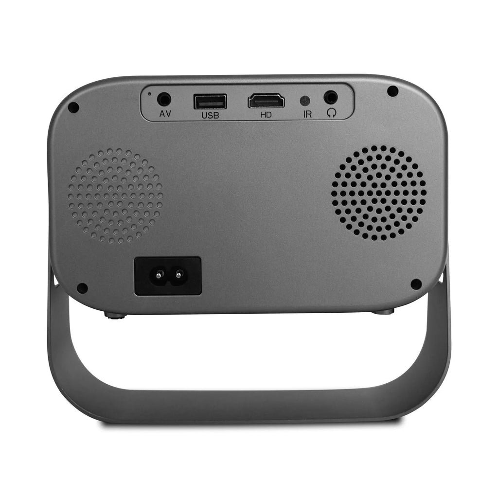 Black portable HD projector with remote control and international plug adapters
