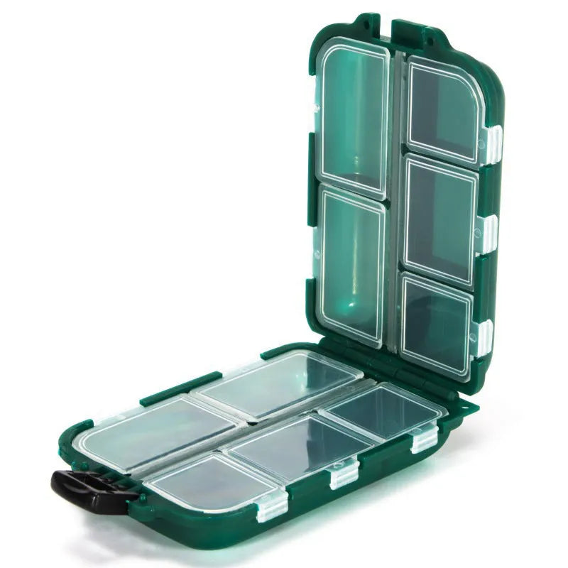 Plastic fishing tackle storage box with 10 compartments in black, blue, or green