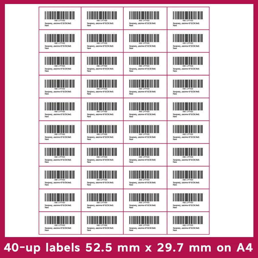 A4 FBA barcode label paper sheets showing ten different grid configurations for inventory labelling