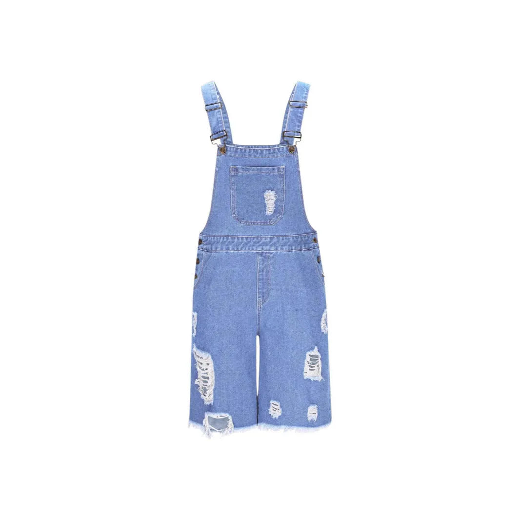 Men's dark blue denim suspender shorts with ripped detailing and a straight-leg fit.