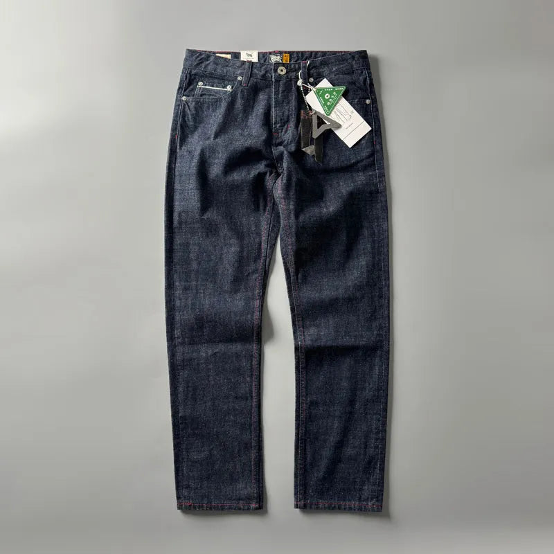 Men's straight leg denim trousers in primary colour with mid waist and American retro styling