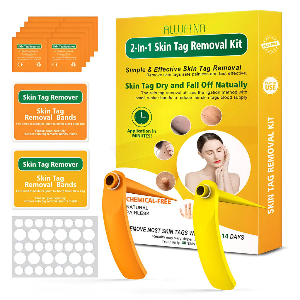 Orange-yellow mole remover kit with two devices, rubber rings, alcohol swabs, and manual.