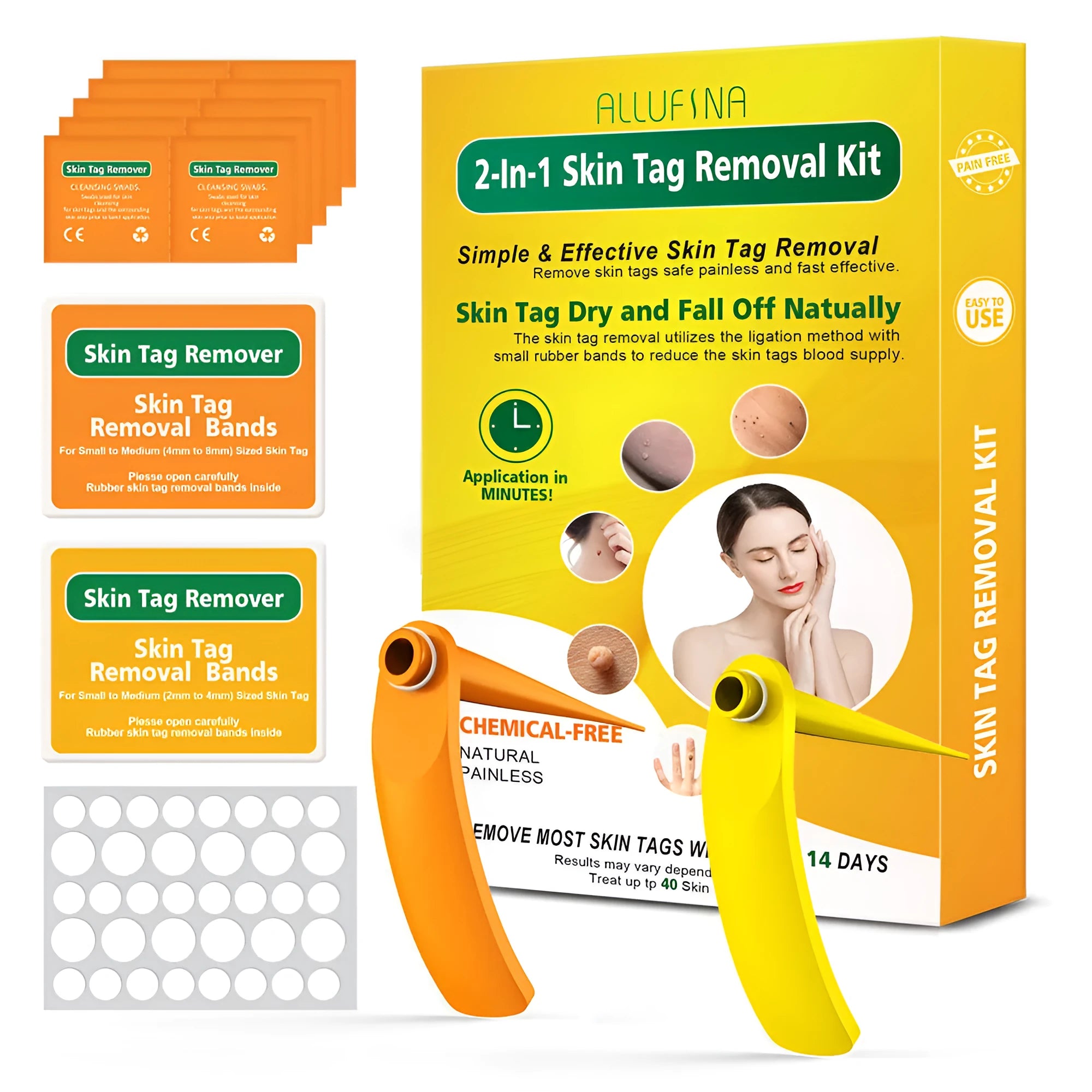 Orange-yellow mole remover kit with two devices, rubber rings, alcohol swabs, and manual.
