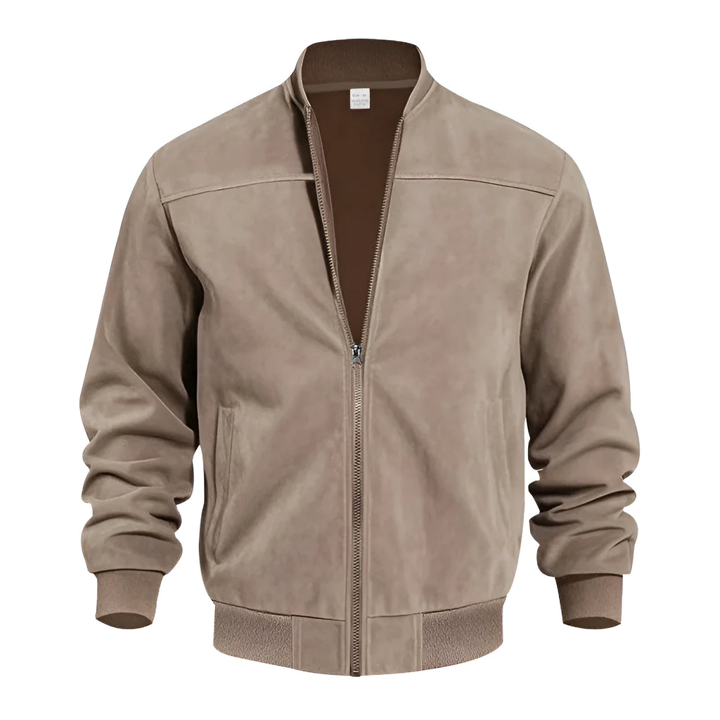 Man wearing a khaki suede casual zipper jacket with a regular fit.
