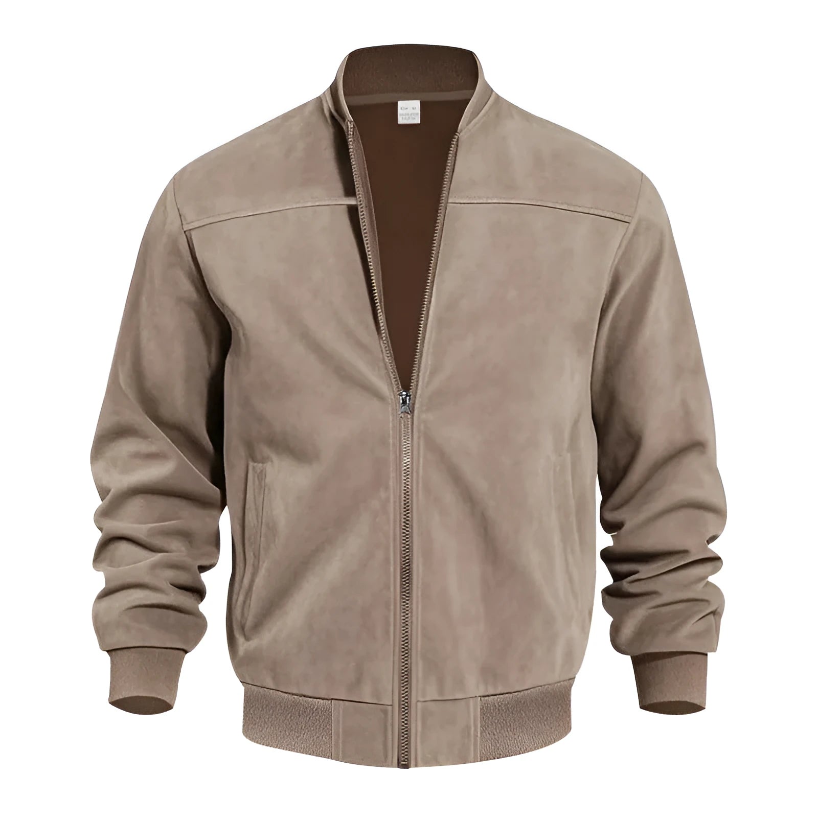 Man wearing a khaki suede casual zipper jacket with a regular fit.