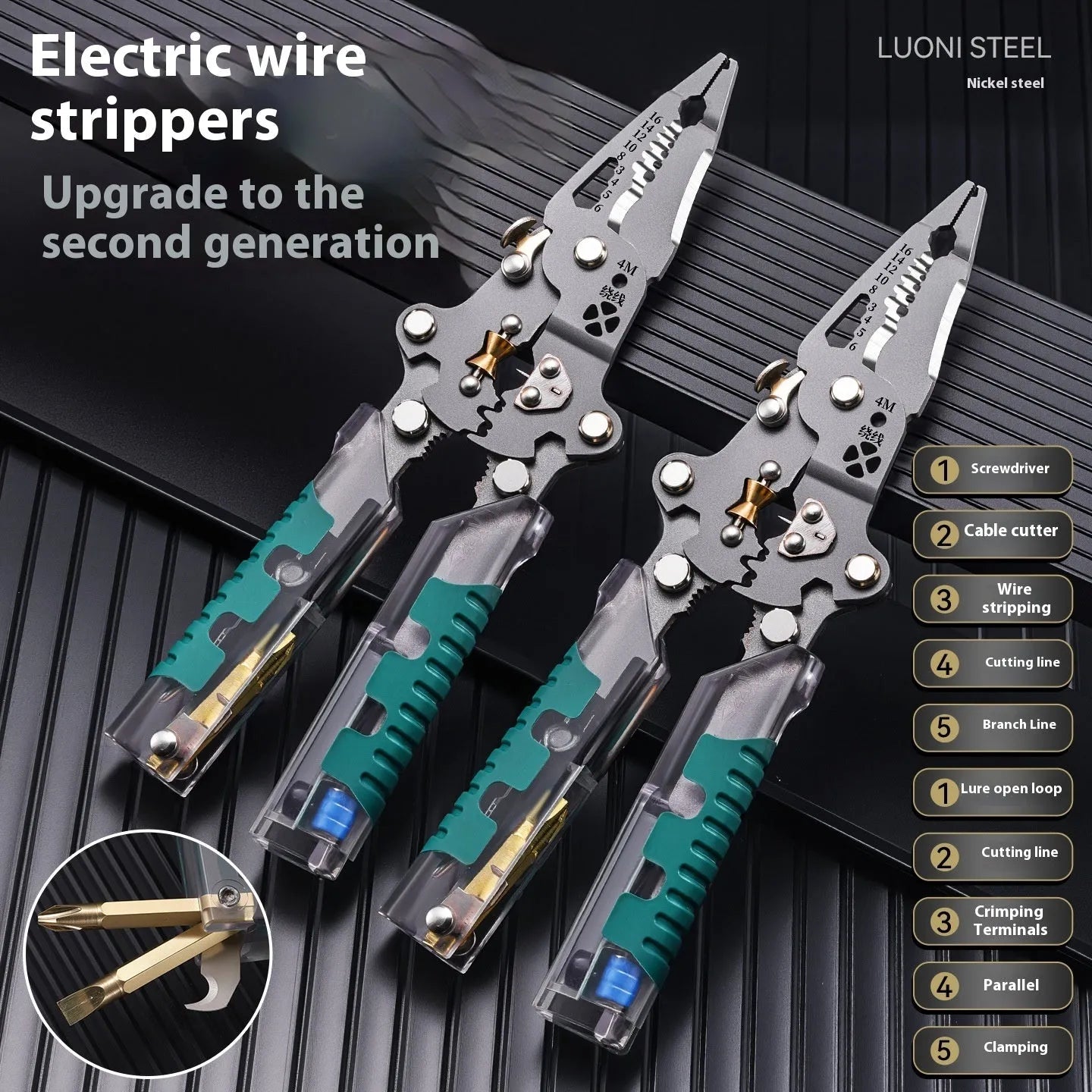 Thickened steel electrician's pointed pliers with integrated wire stripping function, 215mm or 225mm length.