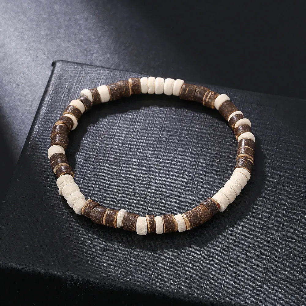 Hand-woven unisex wood bracelet with turquoise accents and totem pattern