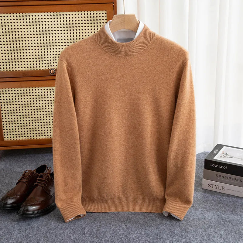 Men's half-collar wool sweater in loose fit showing colour options including black, brown and camel