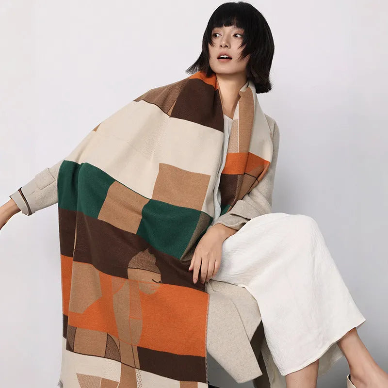 Long beige imitation cashmere style polyester scarf draped to show its 185 cm length and texture.