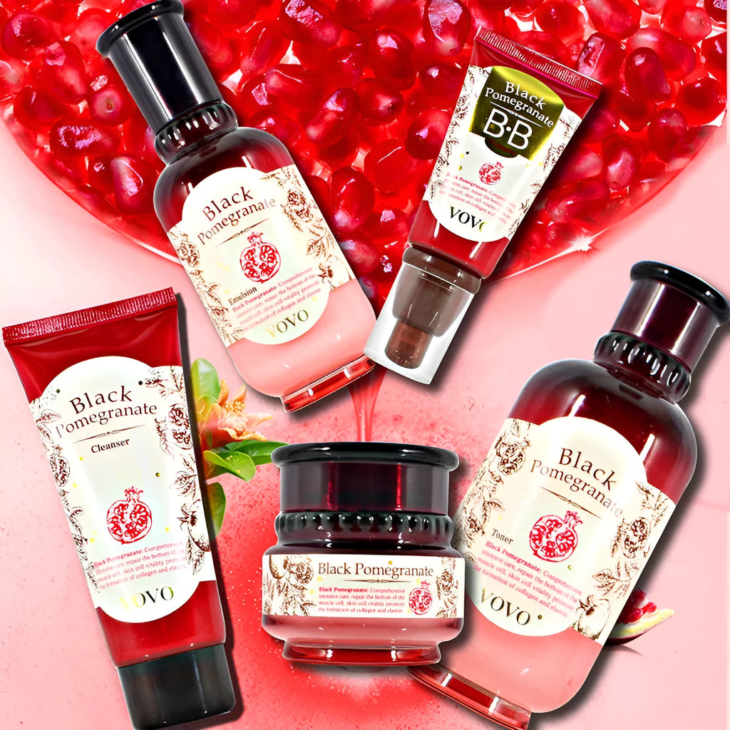 Pomegranate skin care set showing six products: cleanser, toner water, milk, essence, cream and eye cream