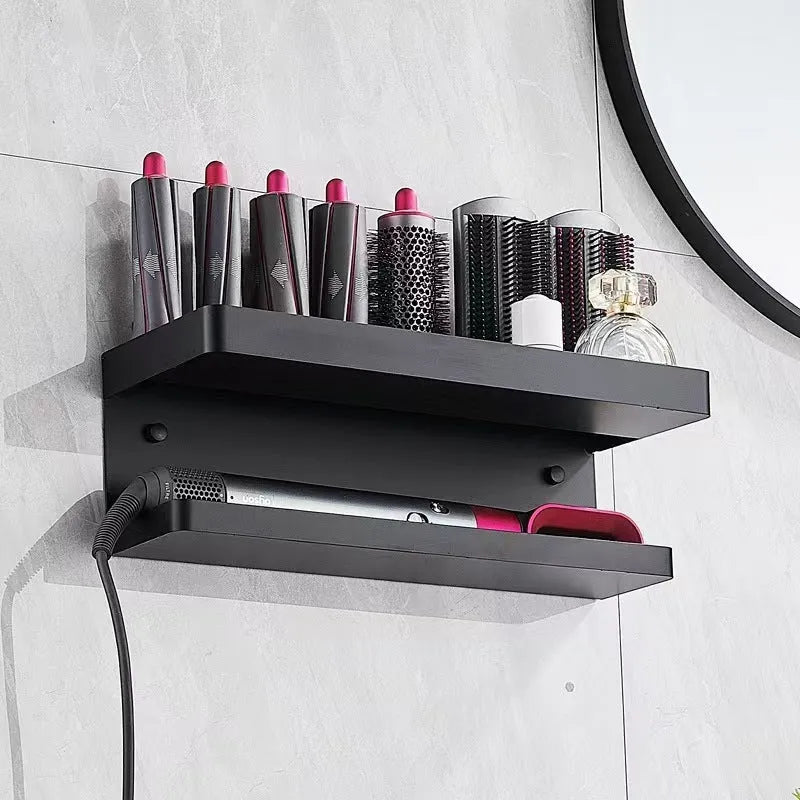 White double-layer aluminium punch-free bathroom storage rack holding a curling iron and hairdryer.