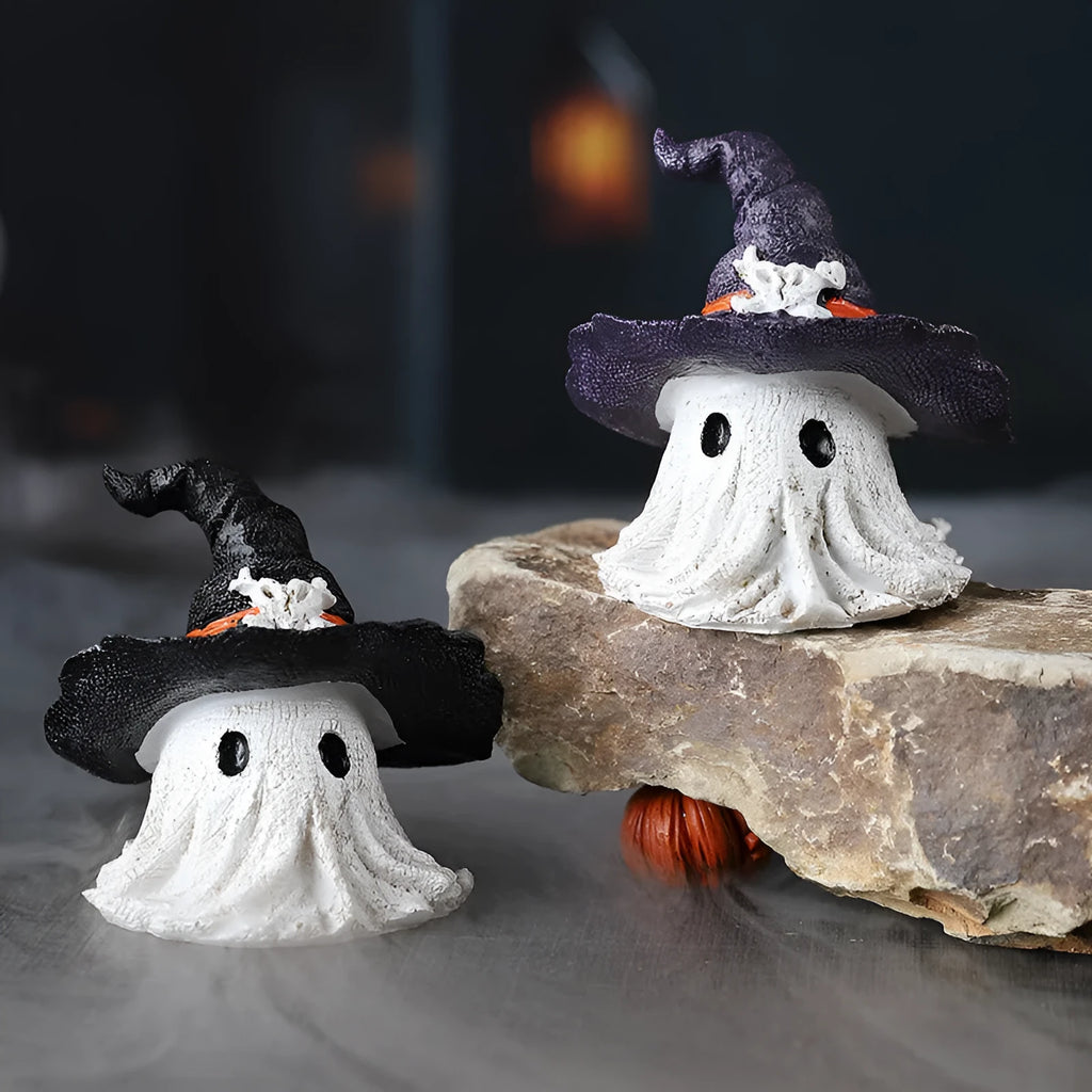 A detailed resin wizard hat ornament with a ghost theme in either kid-purple or black colour.