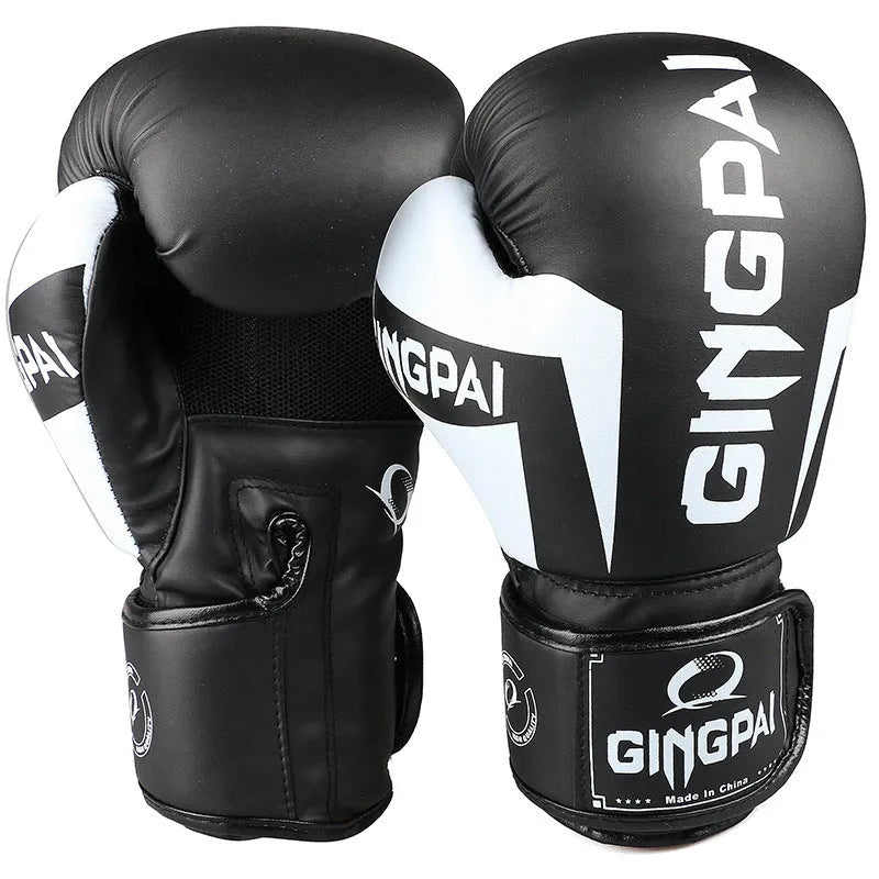 Pair of PU boxing gloves for Sanda and fitness training in 6 oz to 12 oz, shown in white and black