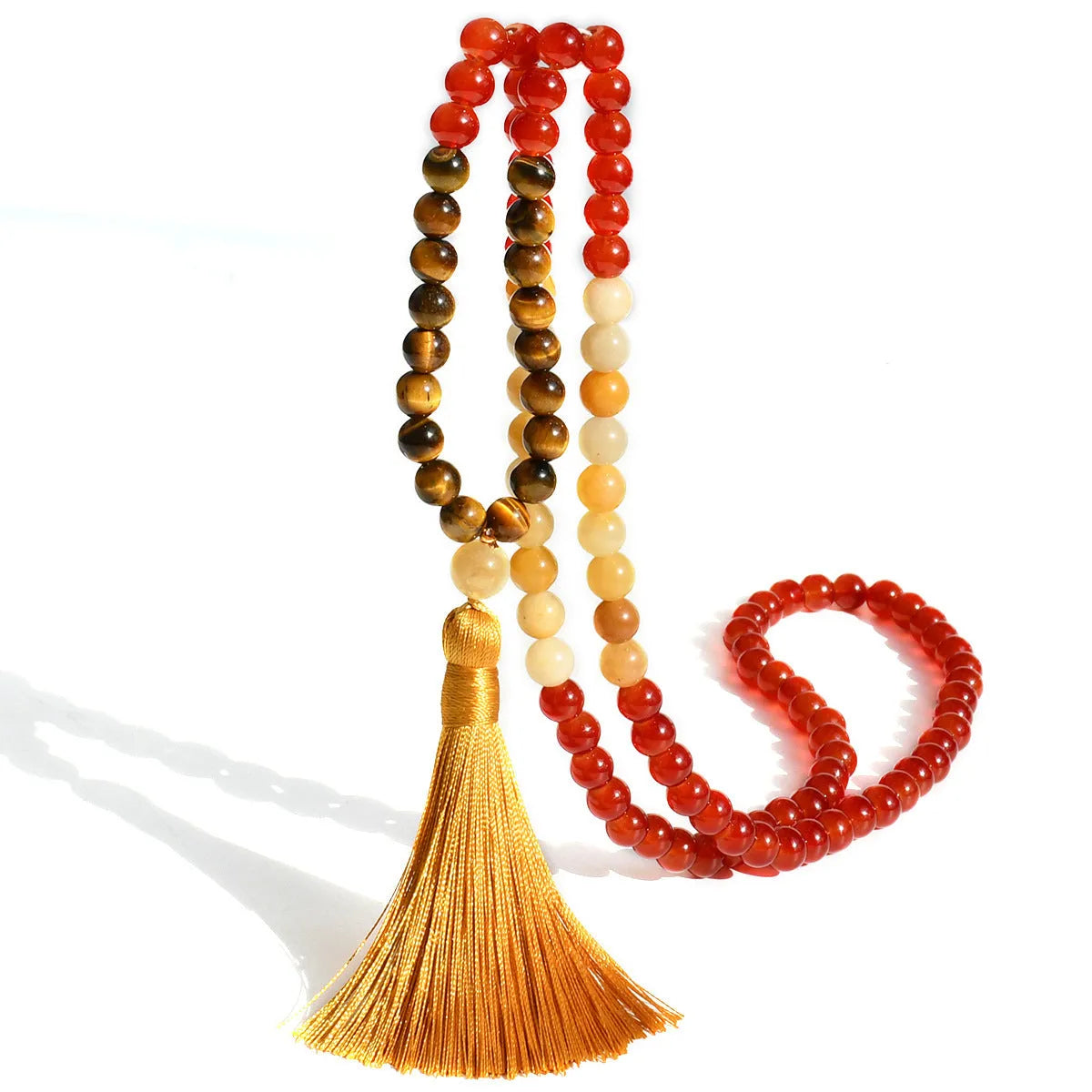 Long beaded bohemian necklace with 108 natural stones, a geometric pendant, and colourful tassels on an 81cm chain.