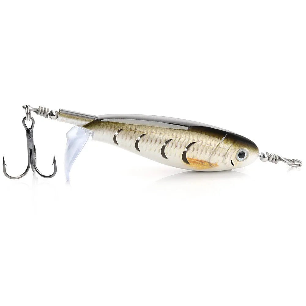 7.5cm long fishing lure bait shown in one of five colour options on a tackle box.
