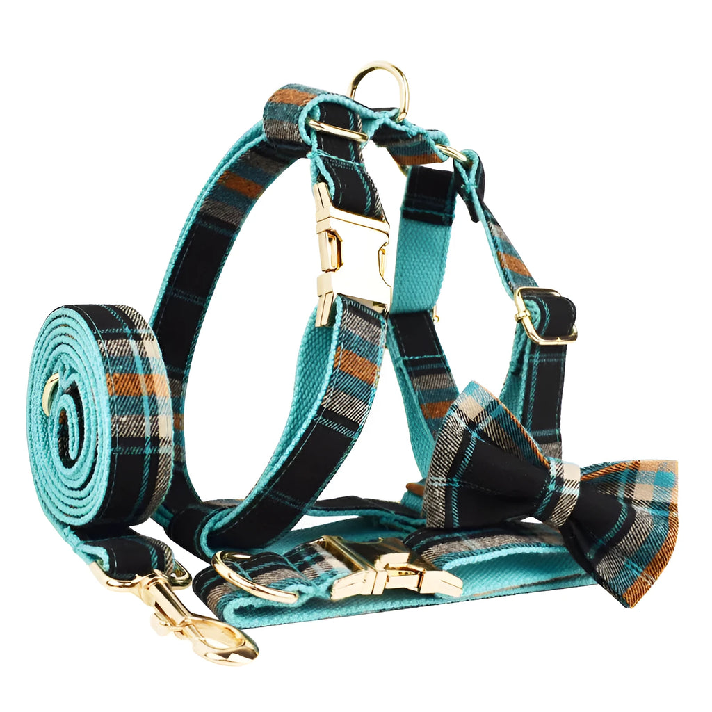 Green retro four-piece pet set with cloth collar, dog leash, bow, and dog vest in sizes XS to XL