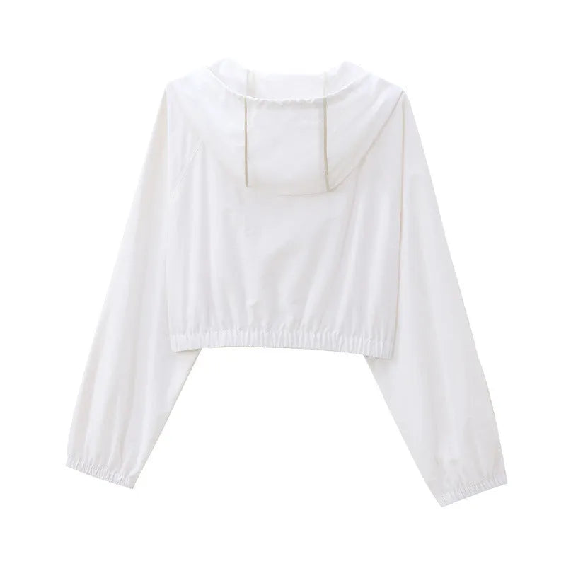 Women's hooded sunscreen top with loose fit polyester long sleeves in picture colour
