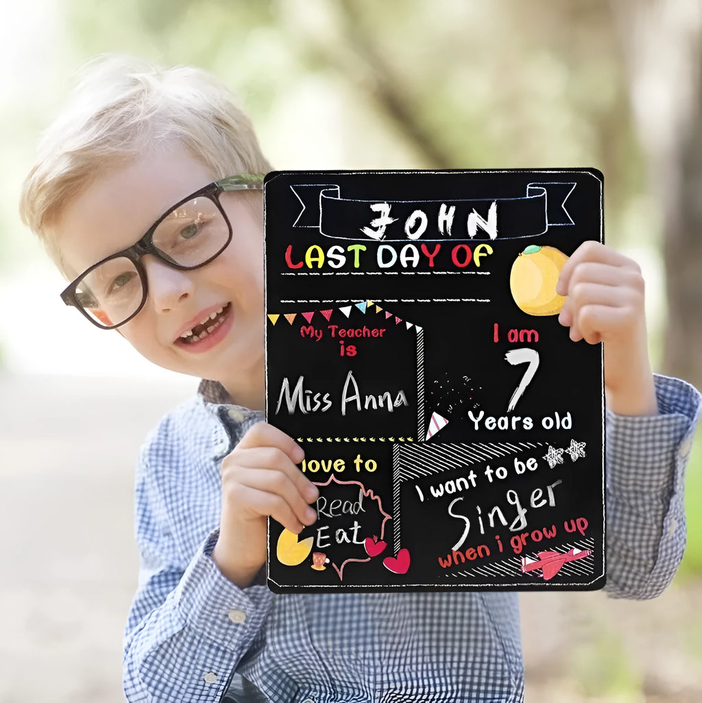 Modern wooden blackboard sign for first day of school, 25.5 by 30 centimetres.