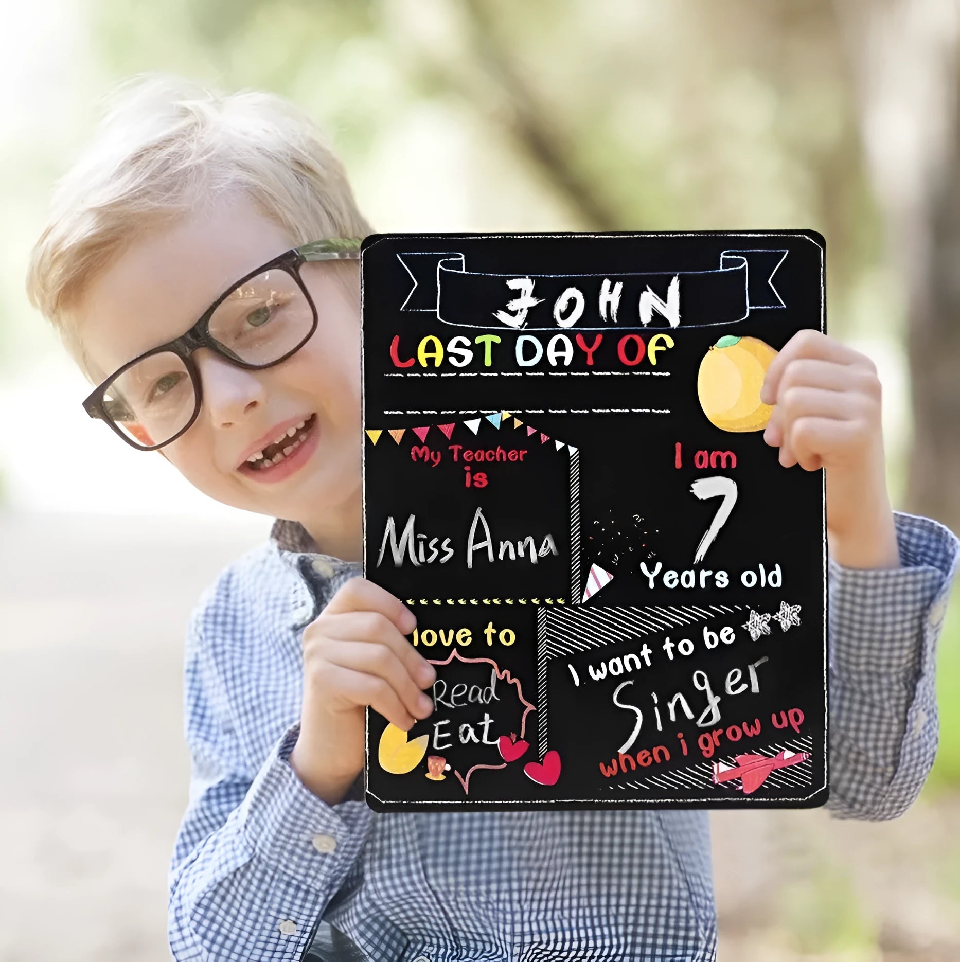 Modern wooden blackboard sign for first day of school, 25.5 by 30 centimetres.