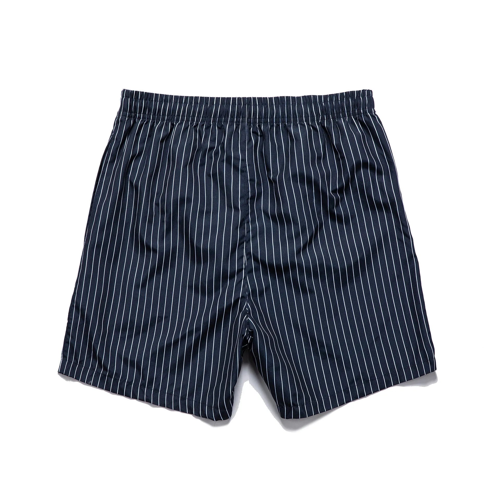 Men's navy blue and grey striped polyester beach shorts with a straight leg cut, laid flat.