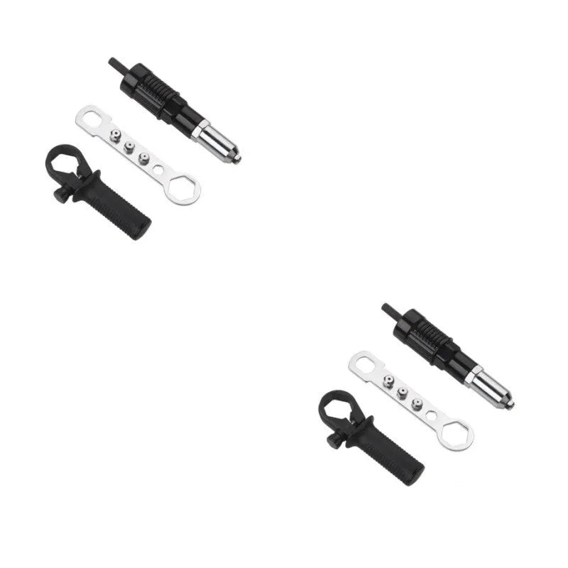 Black metal electric drill rivet gun attachment measuring 173mm with hardened three-jaw chuck and included handle, wrench, and rivet heads