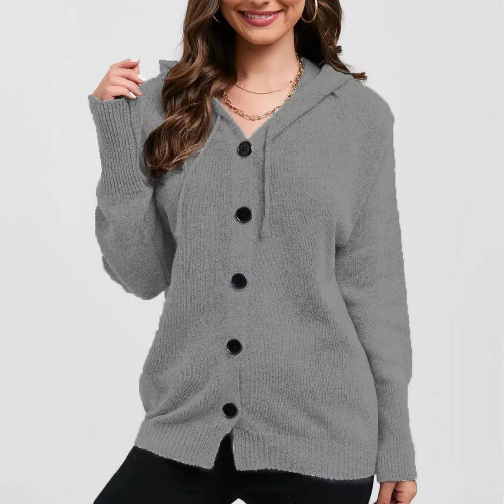 Women's thick cotton hooded cardigan sweater in solid colour with single-breasted closure.