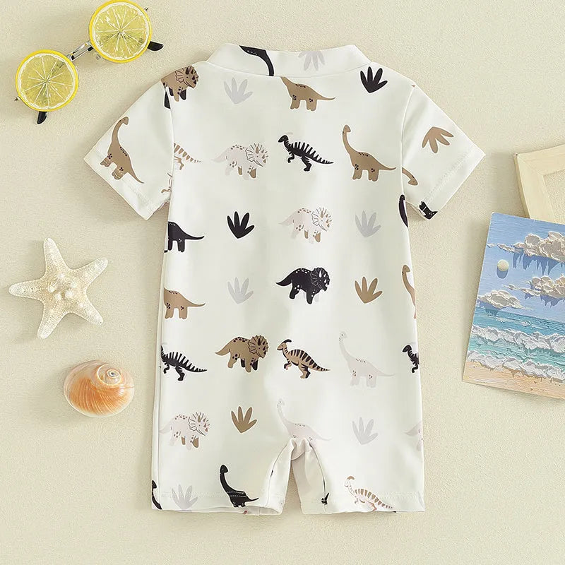 Children's coconut tree printed polyester swimsuit in peacock green and white, suitable for beach and pool