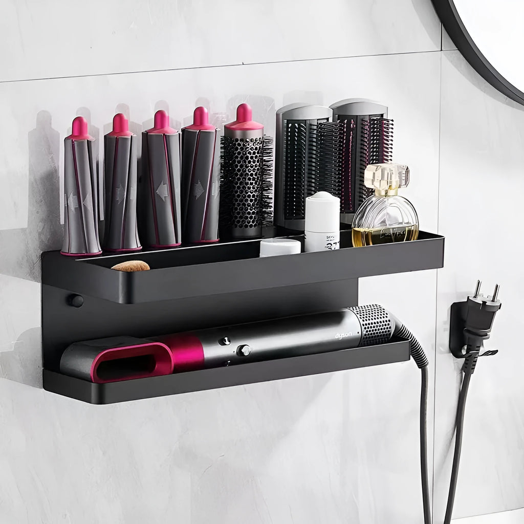White double-layer aluminium punch-free bathroom storage rack holding a curling iron and hairdryer.