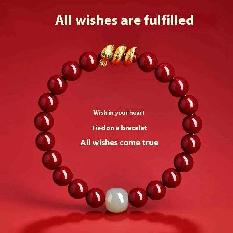 Handmade Chinese-style cinnabar bracelet with snake zodiac beads, shown in 6mm and 8mm size options.