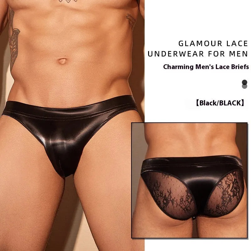 Men's black and white shark skin lace briefs with free size design for European and American measurements