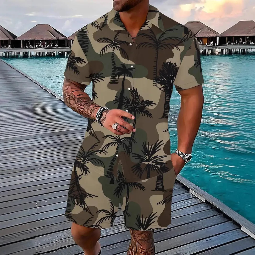 Men's Hawaiian style short sleeve shirt and shorts casual suit set on a hanger.