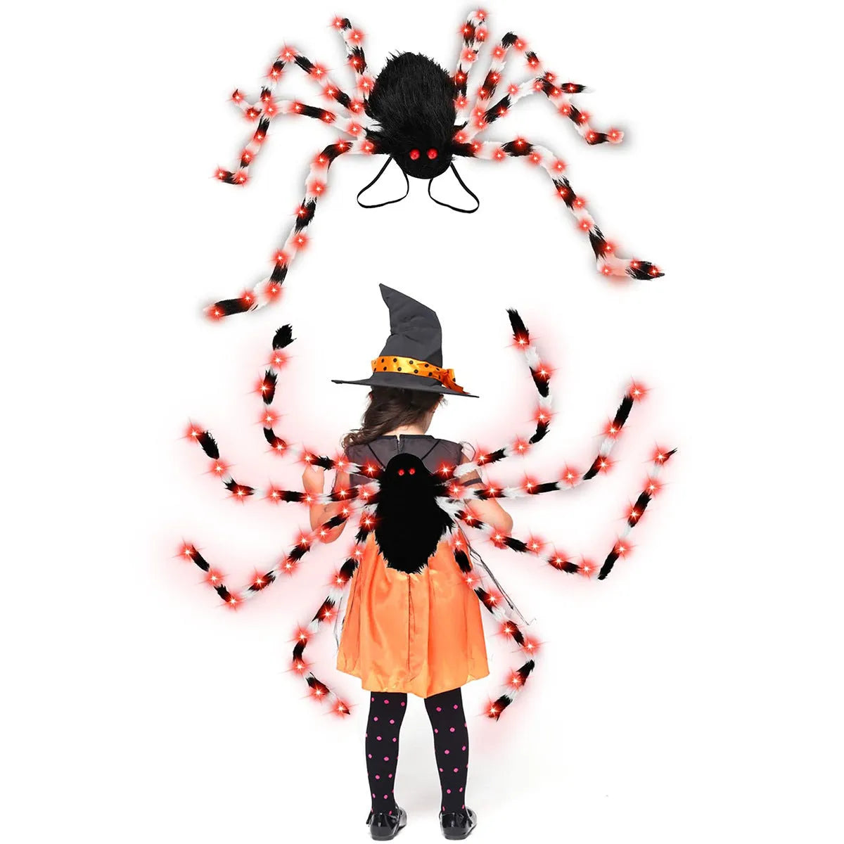 Halloween spider backpack with LED lights and plush sugar bag design in multiple colour variations