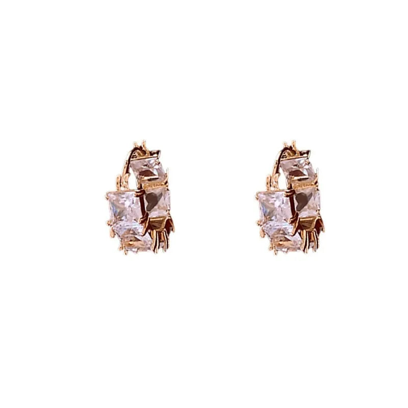 Gold-tone U-shaped ear clips with inlaid zircon and geometric quadrilateral design for women