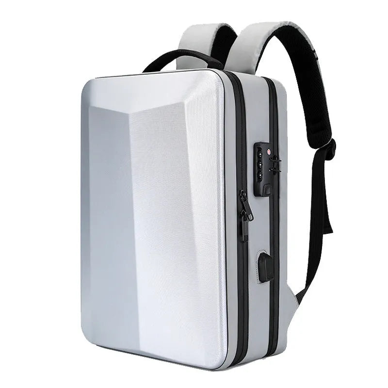 Men's black and silver white waterproof business backpack in street trend style with curved shoulder straps.