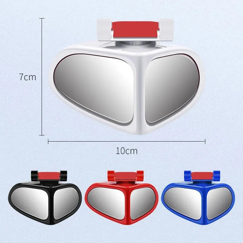 A pair of round, adjustable wide-angle car mirrors with adhesive backing, shown in assorted colours.