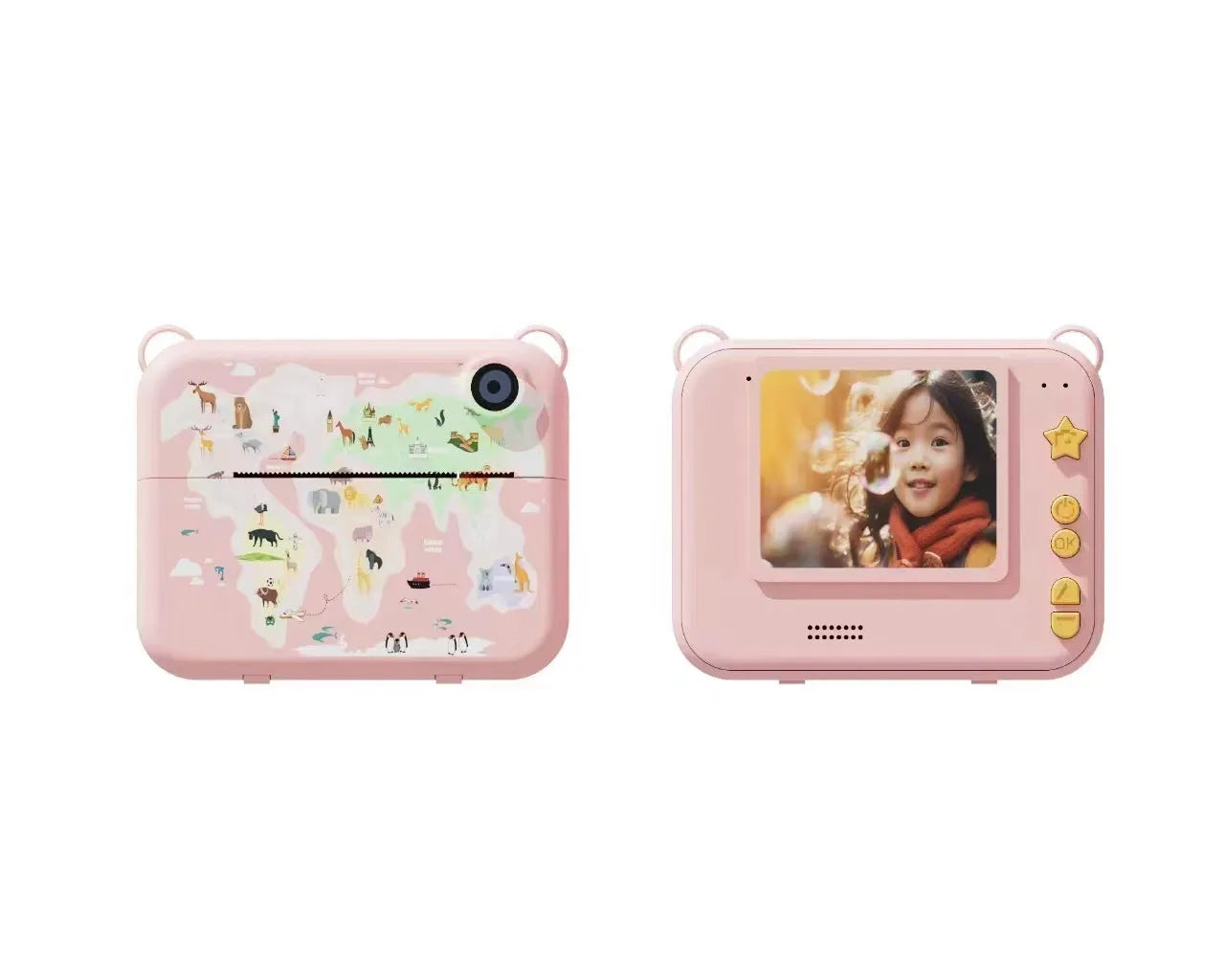 Children's SLR instant print camera in pink with ABS body showing front view